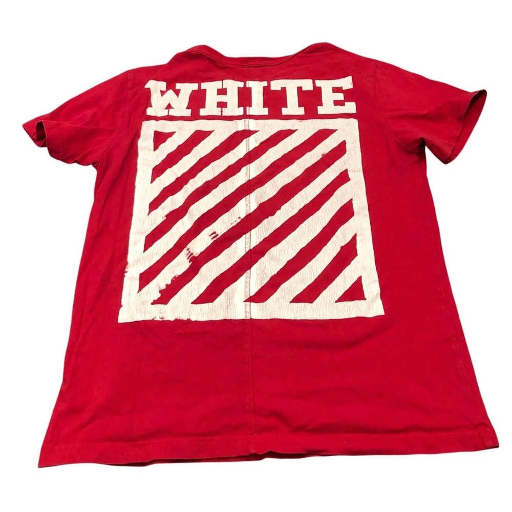 Off-White T-Shirt Mens S Red Diagonal Stripes Graphic Tee Virgil Abloh